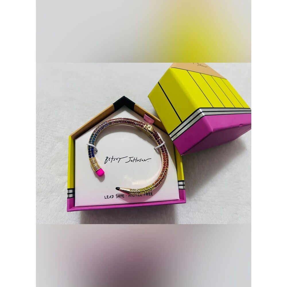 New! Betsey Johnson Multi Color Crystal Pencil Hinged Cuff Bracelet With Box
